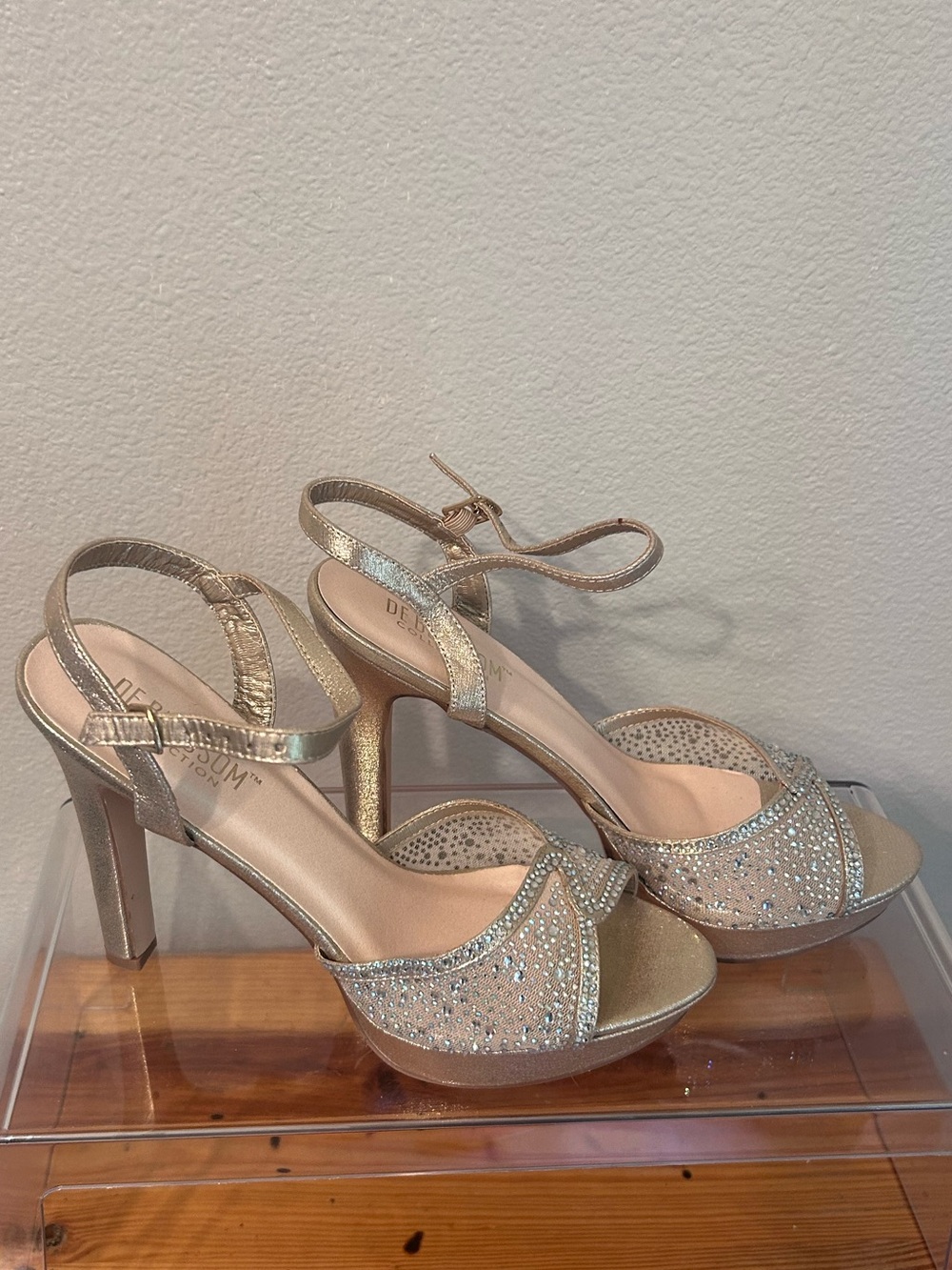De Blossom Collection Champagne Gold Glitter Platform Heels with Ankle Strap